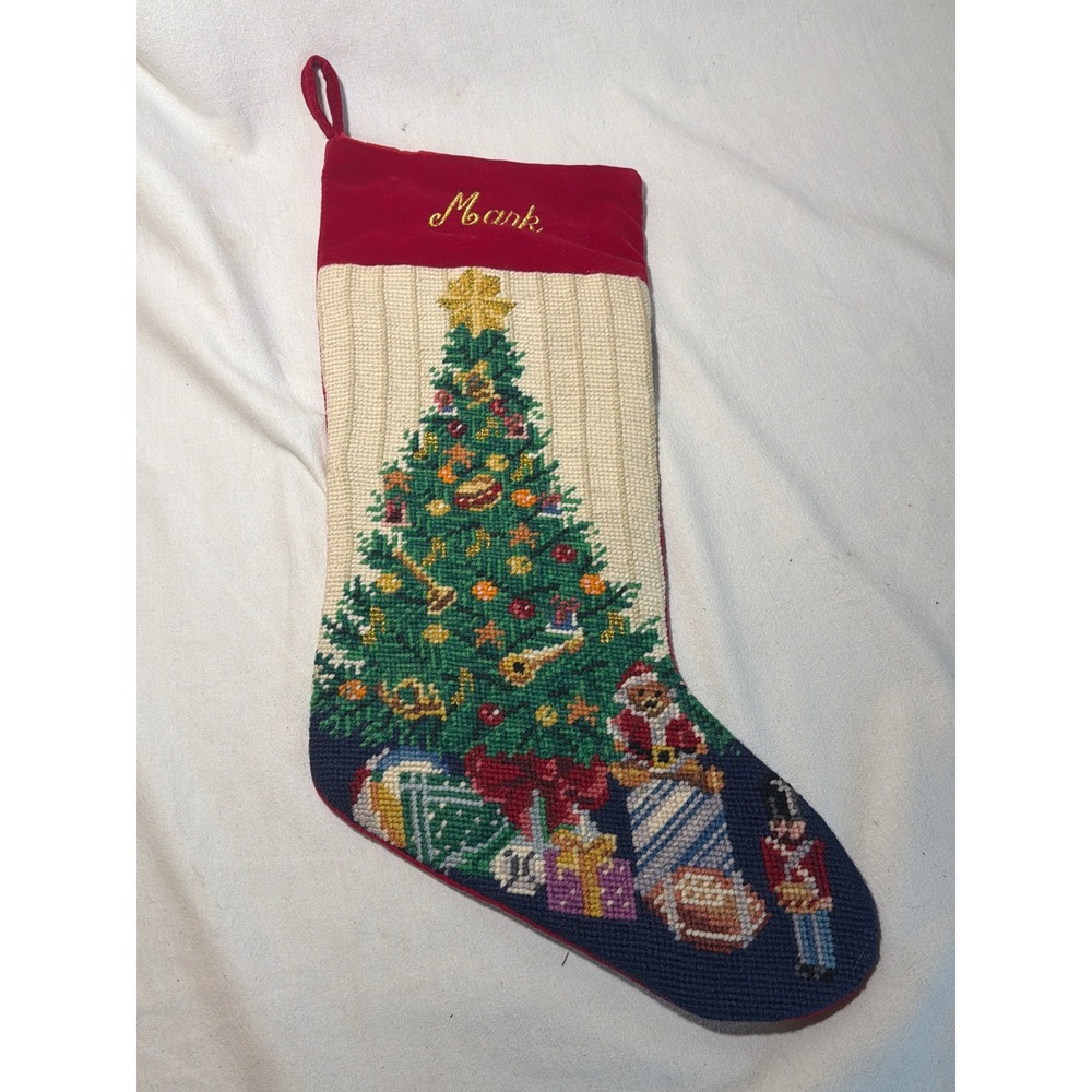 Lillian Vernon Needlepoint Christmas Stocking Wool Tree Santa Personalized Mark